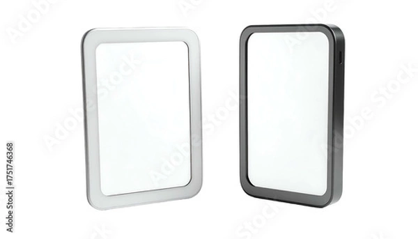 Fototapeta Two electronic devices with rounded corners and bright, white screens against a dark background
