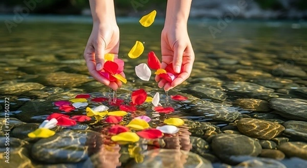 Fototapeta Hands Releasing Colorful Rose Petals into Clear River Water