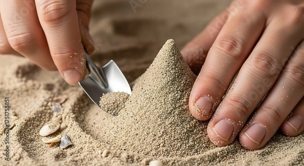 Fototapeta Miniature Sandcastle Construction: Hands Sculpting a Tiny Dune with a Shovel