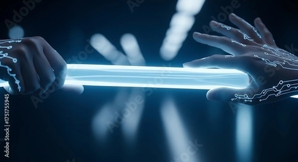 Fototapeta Futuristic Connection: Hands Interacting with Glowing Circuitry, Digital Technology Concept.