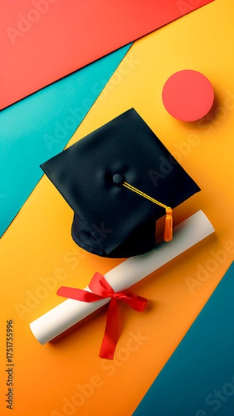 Fototapeta Graduation Cap and Diploma on a Colorful Geometric Background. Academic Achievement, Education Concept, Modern Design.