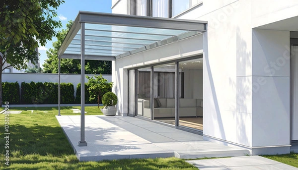 Obraz 戸建住宅の庭に広がる外構テラス屋根が生む開放感と自然光のバランス