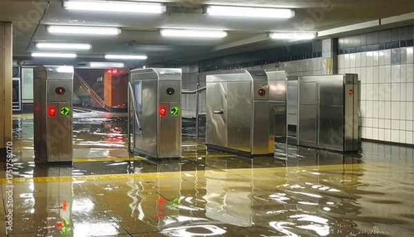 Obraz 地下鉄の駅構内で改札口が浸水し水害の恐ろしさを映すリアルな情景