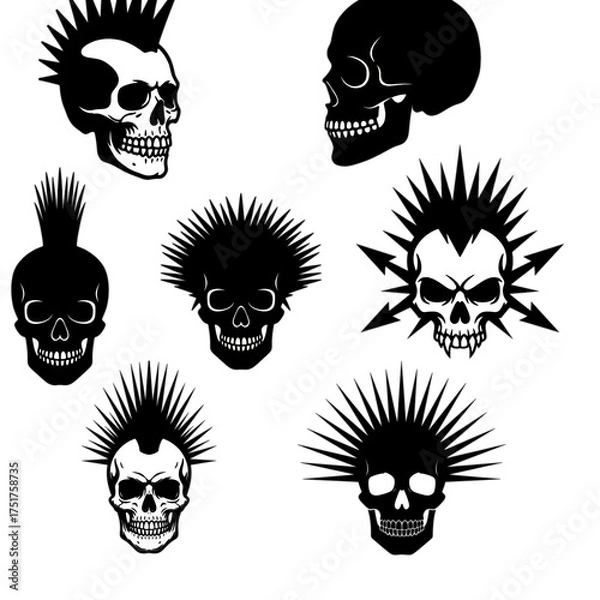 Fototapeta Punk Rock Skulls Vector Set with Mohawks and Spiky Hairstyles