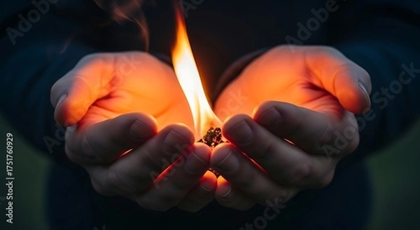 Fototapeta Cupped Hands Holding a Flickering Flame, Warm Glow, Dark Background