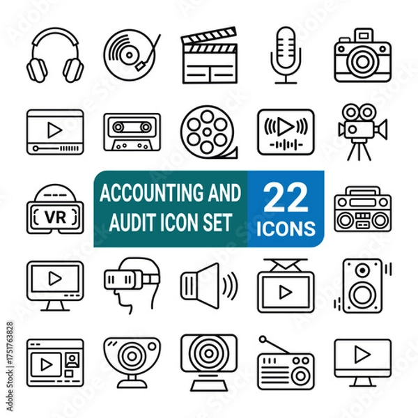 Fototapeta Audio Video Line Icons Set – Music, Podcast, Media Player, Radio, Song Vector Illustration