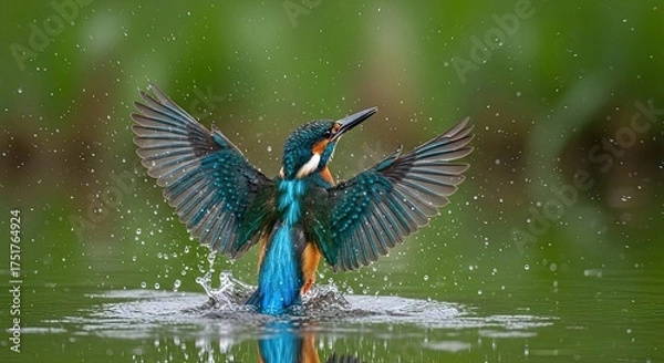 Obraz Vibrant Kingfisher Bird Splashing Water Wings Spread Wide