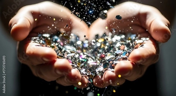 Fototapeta Sparkling Confetti Shower: Hands Catching Glitter Against Black Background
