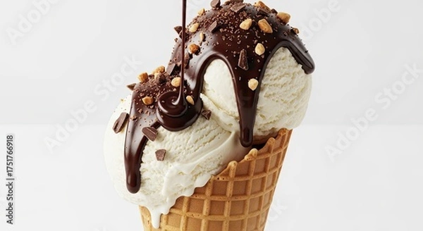 Fototapeta Delicious Vanilla Ice Cream Cone Topped With Chocolate And Nuts