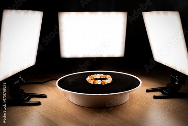 Fototapeta Shooting a product video. A bracelet is being spinning. Photography studio, light.