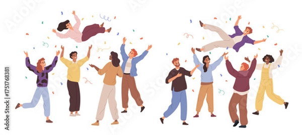 Obraz People throw up winners. Tossing in air, happy friends team celebrating success, rejoicing or birthday, team congratulates, holiday party cartoon flat style isolated garish vector set
