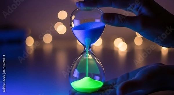 Fototapeta Glowing Hourglass with Blue and Green Sand Held by Hand in Dark Setting