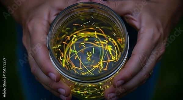 Fototapeta Glowing Fireflies Captured in Glass Jar Held by Hands at Night