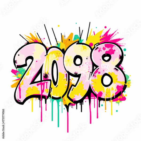 Fototapeta Graffiti Style Numbers 2098 With Pink Yellow And Teal Paint Splatters And Drips Keywords: 2098, graffiti, numbers, year, future, modern, urban, art, spray paint, paint splatter