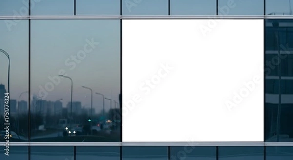 Fototapeta Blank Billboard on Modern Glass Building Reflecting Cityscape at Dusk