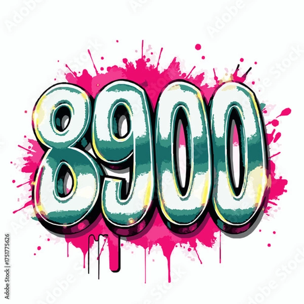 Fototapeta Graffiti number 8900 with teal and yellow accents and pink paint splashes on a white background spray paint