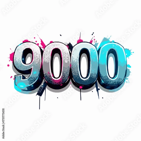 Fototapeta Graffiti style number 9000 with splashes of pink and blue paint on a white background spray paint