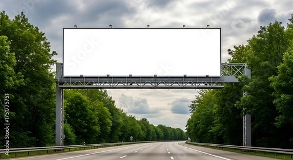 Fototapeta Blank Billboard Over Highway Surrounded by Lush Green Trees Under Cloudy Sky