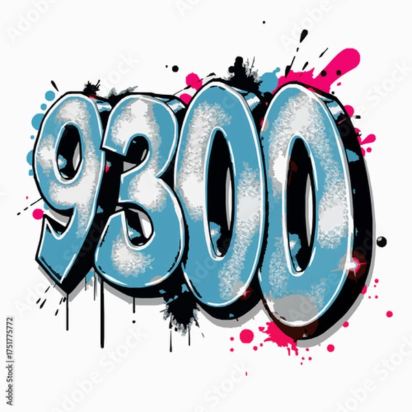 Fototapeta Graffiti style number 9300 with blue and pink paint splatters and drips urban