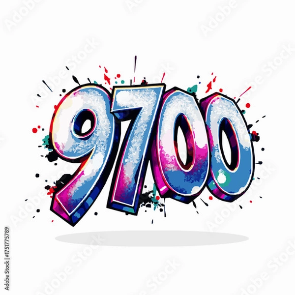 Fototapeta Graffiti style number 9700 with blue and pink paint splatters and drips urban