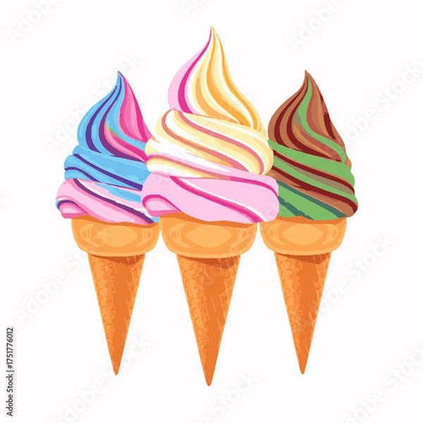 Fototapeta Three Colorful Swirled Ice Cream Cones in Orange Waffle Cones dessert sweet