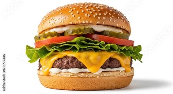 Fototapeta Delicious Classic Cheeseburger with Fresh Toppings and Toasted Bun