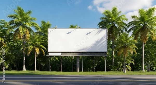 Fototapeta Blank Billboard Amidst Lush Palm Trees Under a Bright Blue Sky