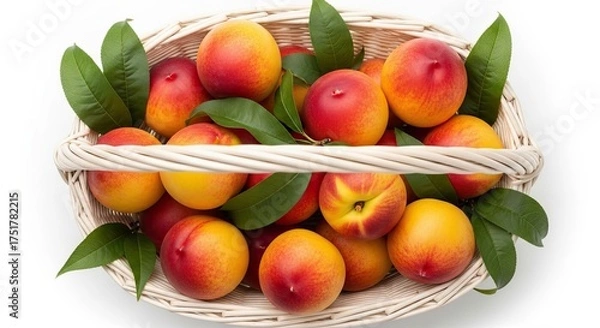 Obraz Fresh Ripe Nectarines in Woven Basket with Green Leaves Healthy Summer Fruit