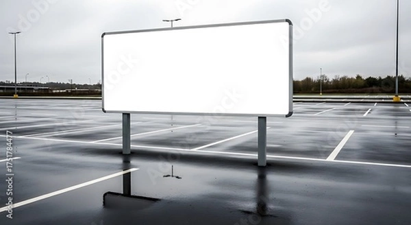 Fototapeta Blank Billboard in Wet Parking Lot on Overcast Day, Reflective Puddles