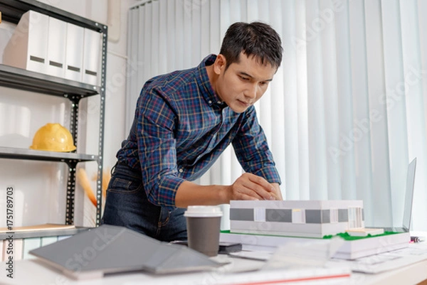 Fototapeta A young architect works with building plans and a house model in the office, reviewing blueprints, marking details, and analyzing design structures with focus and creativity.