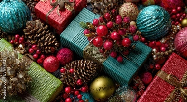 Obraz a festive christmas background featuring colorful gift boxes, pine cones, and decorations.