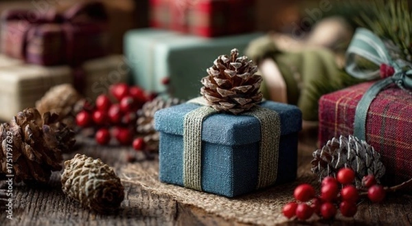Obraz a festive christmas background featuring colorful gift boxes, pine cones, and decorations.