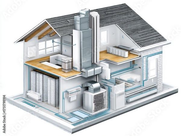 Fototapeta Home ventilation – Cutaway 3D illustration of a sustainable home ventilation system with heat exchanger, ducting, and air filters.