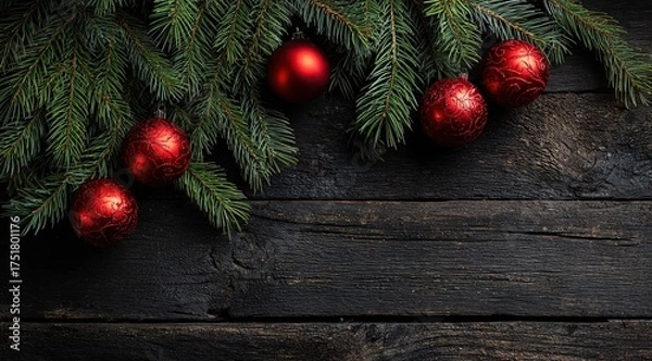 Obraz christmas background with dark wood and green pine branches, red ornaments on the edge of a wooden tabletop, viewed from above. 