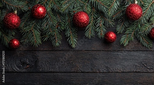 Obraz christmas background with dark wood and green pine branches, red ornaments on the edge of a wooden tabletop, viewed from above. 