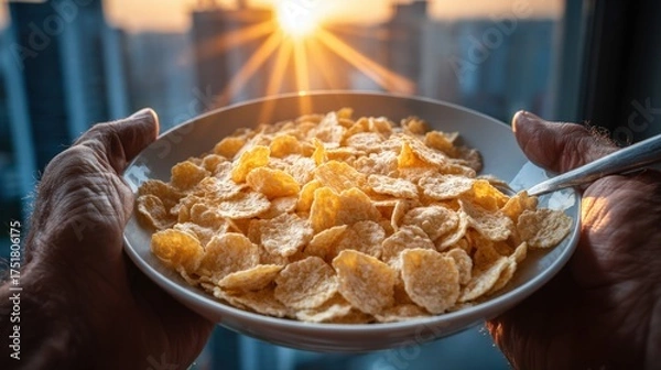 Fototapeta A person holding a bowl of cereal at sunrise with a city skyline in the background