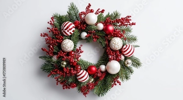 Obraz a christmas wreath adorned with red and white ornaments against a white backdrop. 