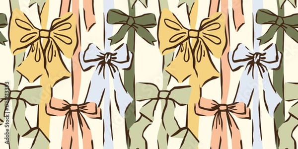 Fototapeta Seamless Christmas pattern with various cute bow knots,vertical gift ribbons. Trendy coquette core design. Hand drawn vector illustration. Holiday background, wrapping paper.