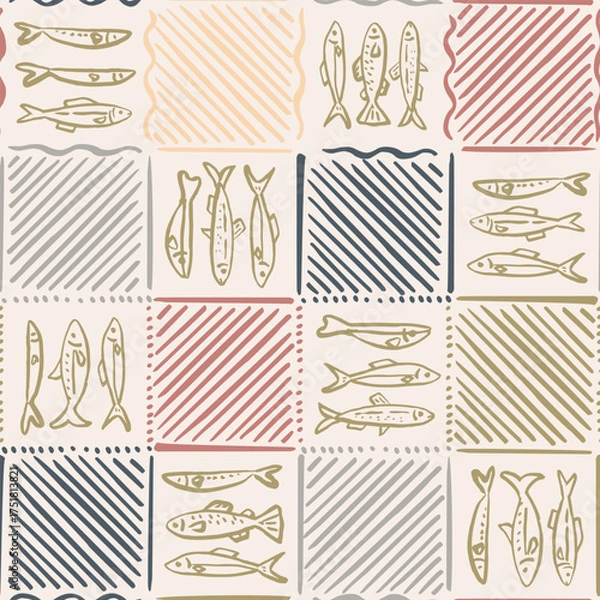Fototapeta Seamless checkered pattern with Hand drawn ink vector sketch fishes. Element for poster, social media, banners, invitation, textile design. Trendy abstract sardine background.