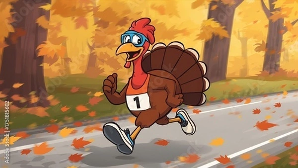 Fototapeta Cheerful Turkey Running in Autumn Leaves for Thanksgiving Fun and Festivity