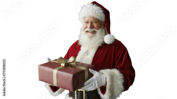 Fototapeta Joyful santa claus with a merry smile holding a wrapped christmas gift present isolated on transparent background