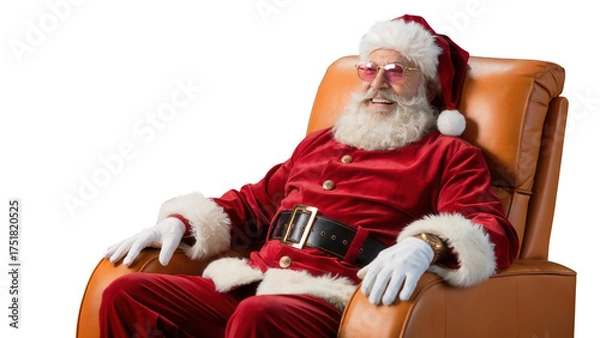 Fototapeta Santa claus wearing his traditional red suit and hat relaxing comfortably in a plush orange armchair isolated on transparent background