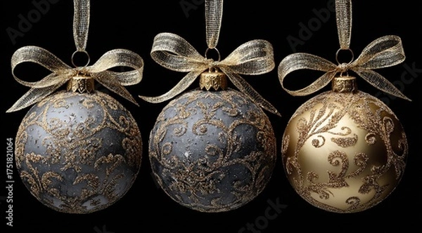 Obraz three christmas ornaments with gold and silver ribbons on a black background.
