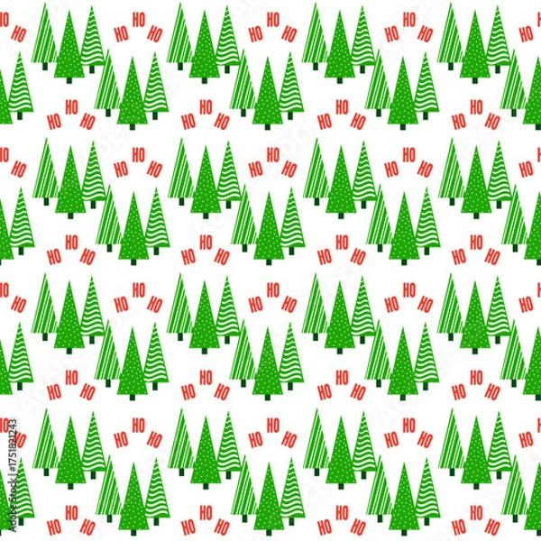 Obraz Seamless Christmas Tree Pattern with “Ho Ho” Lettering Repeat on White Background