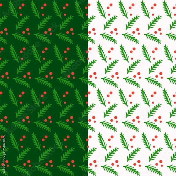 Obraz Christmas Branches and Berries Repeat on White and Dark Green