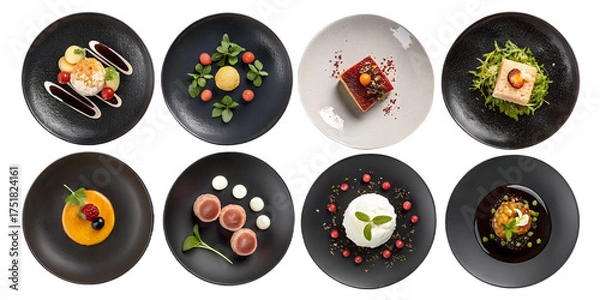 Obraz Molecular Cuisine Gourmet Dishes PNG Set – Top View, Isolated on Transparent Background