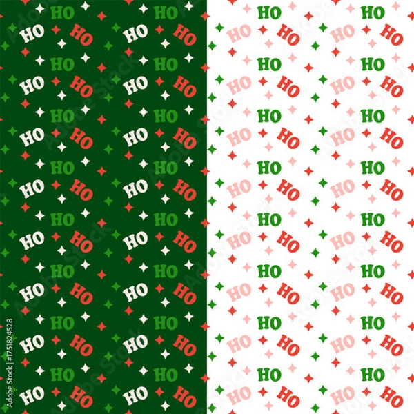 Obraz Seamless Christmas Ho Ho Typography Pattern with Sparkles Repeat on Dark Green and White