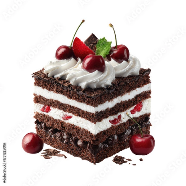 Fototapeta Rich chocolate cake layered with whipped cream and cherries