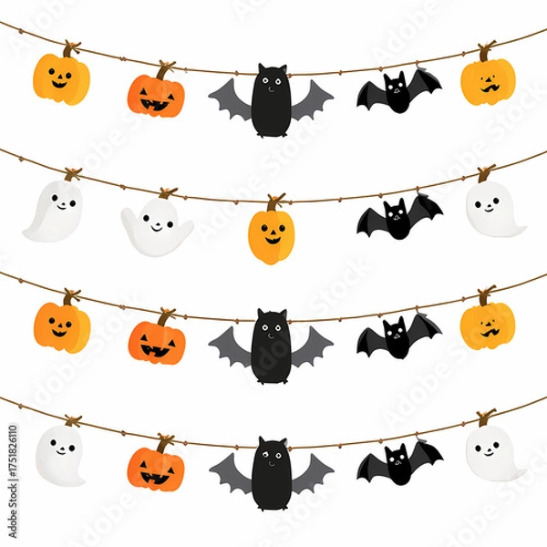 Obraz Festive Halloween banner with pumpkins bats and ghosts hanging on strings perfect for spooky season decorations