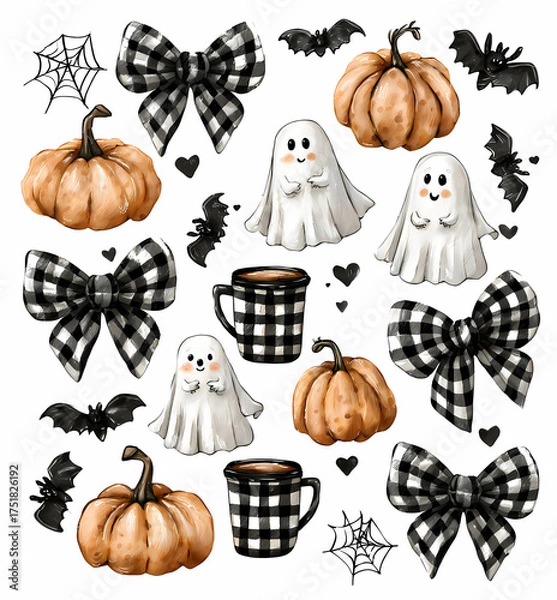 Obraz Delightful Halloween-themed digital art showcasing cute ghosts pumpkins plaid bows bats hearts spiderwebs and cups creating a whimsical mood